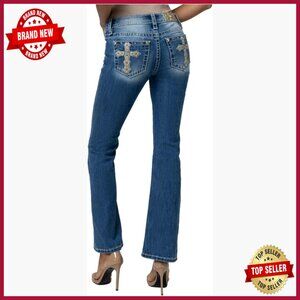 Mid-Rise Bootcut Jeans with Embroidered Cross Applique and Rhinestones